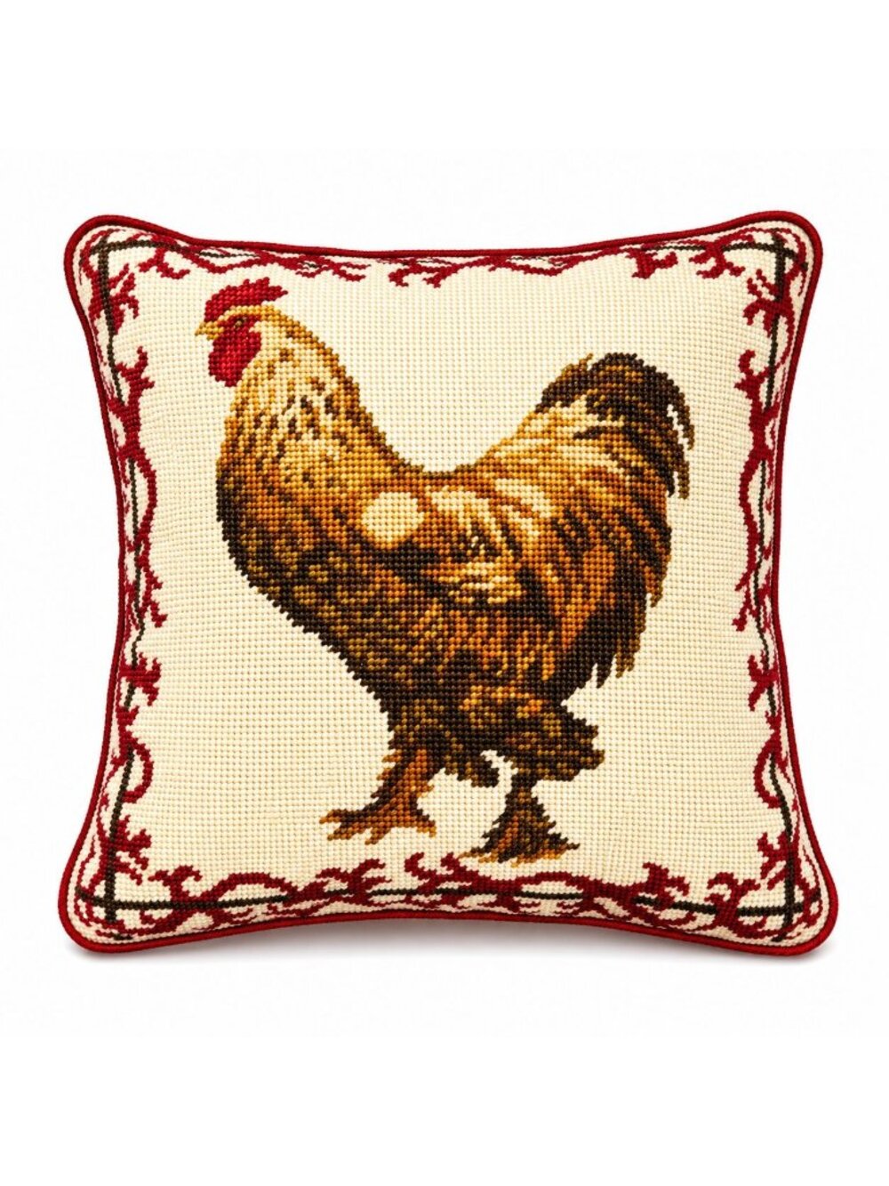 Throw Pillow Rooster Chicken Needlepoint Vintage Red Brown Velvet backed Farmhou